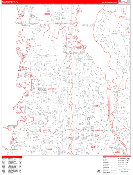 Palm Harbor City Wall Map Red Line Style